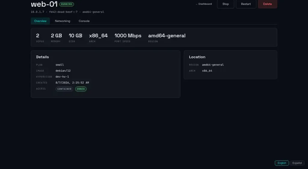 Página de la instancia web-01: estado RUNNING, direcciones IPv4 e IPv6 y métricas